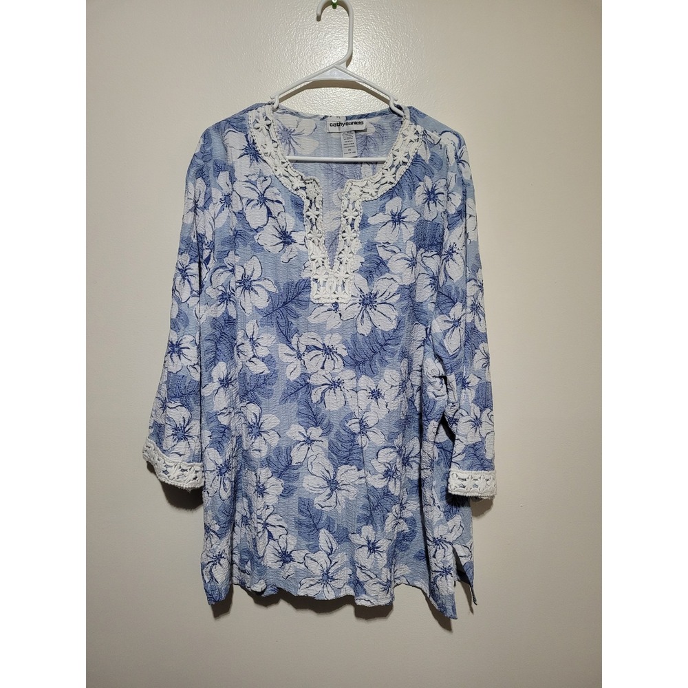 Cathy‎ Daniels Tunic Top Womens 2X Blue White Floral Crochet Lace V-Neck